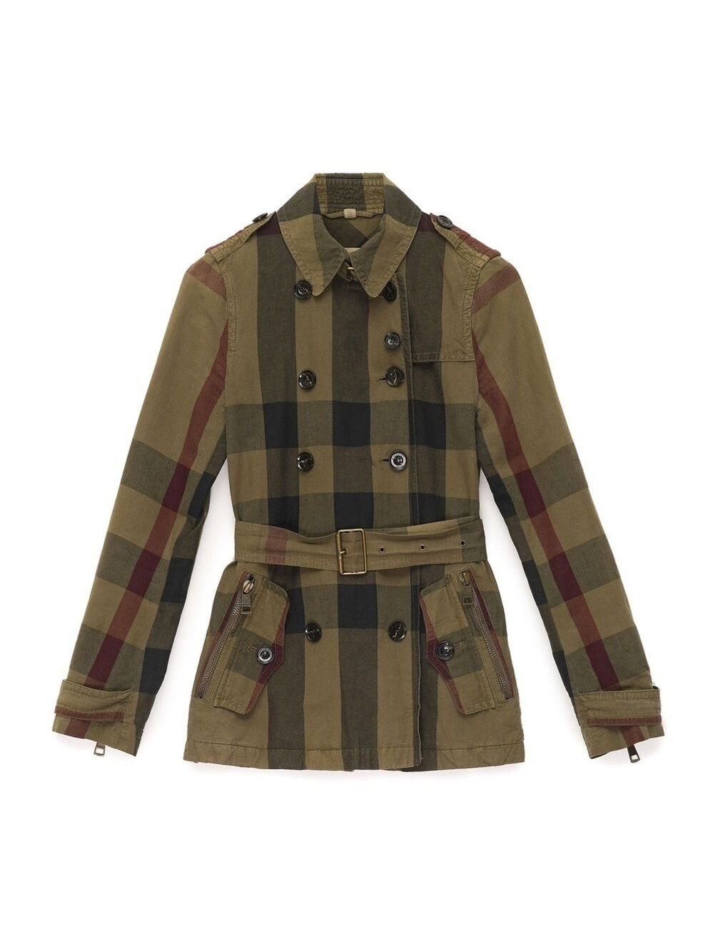 Burberry Brit Check Trench Coat Jacket double breasted Short Linen green belted